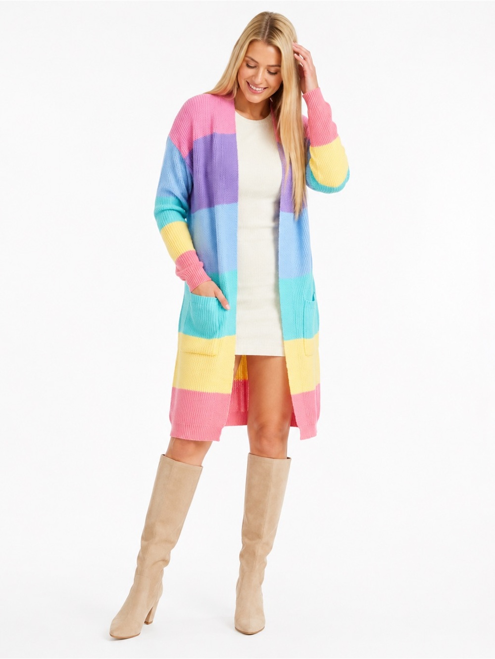 ZESICA XL Pastel Rainbow Colorblock Long Open Front Knit Cardigan Pockets - Picture 5 of 11